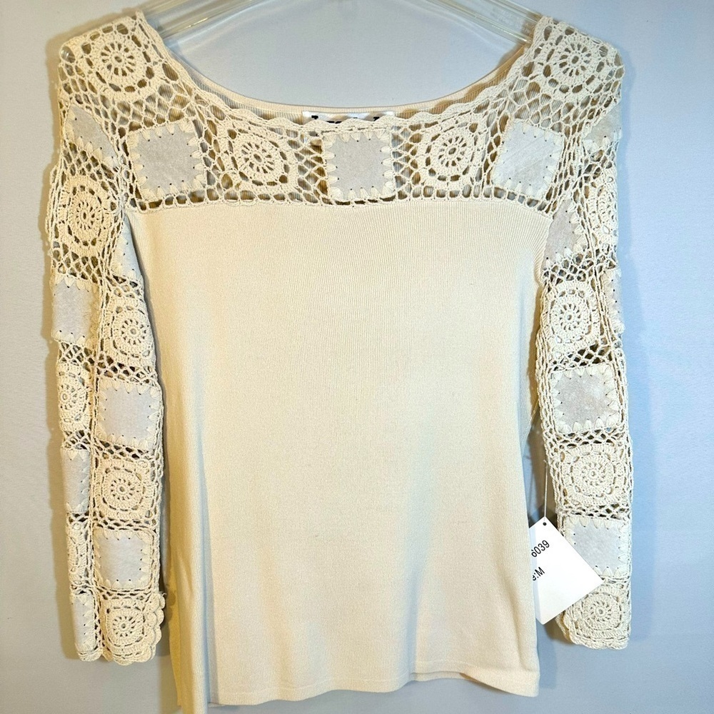 Joseph A. Womens Knit Crotchet Patchwork Blouse 3/4 Sleeve Scoop Neck Pullover
